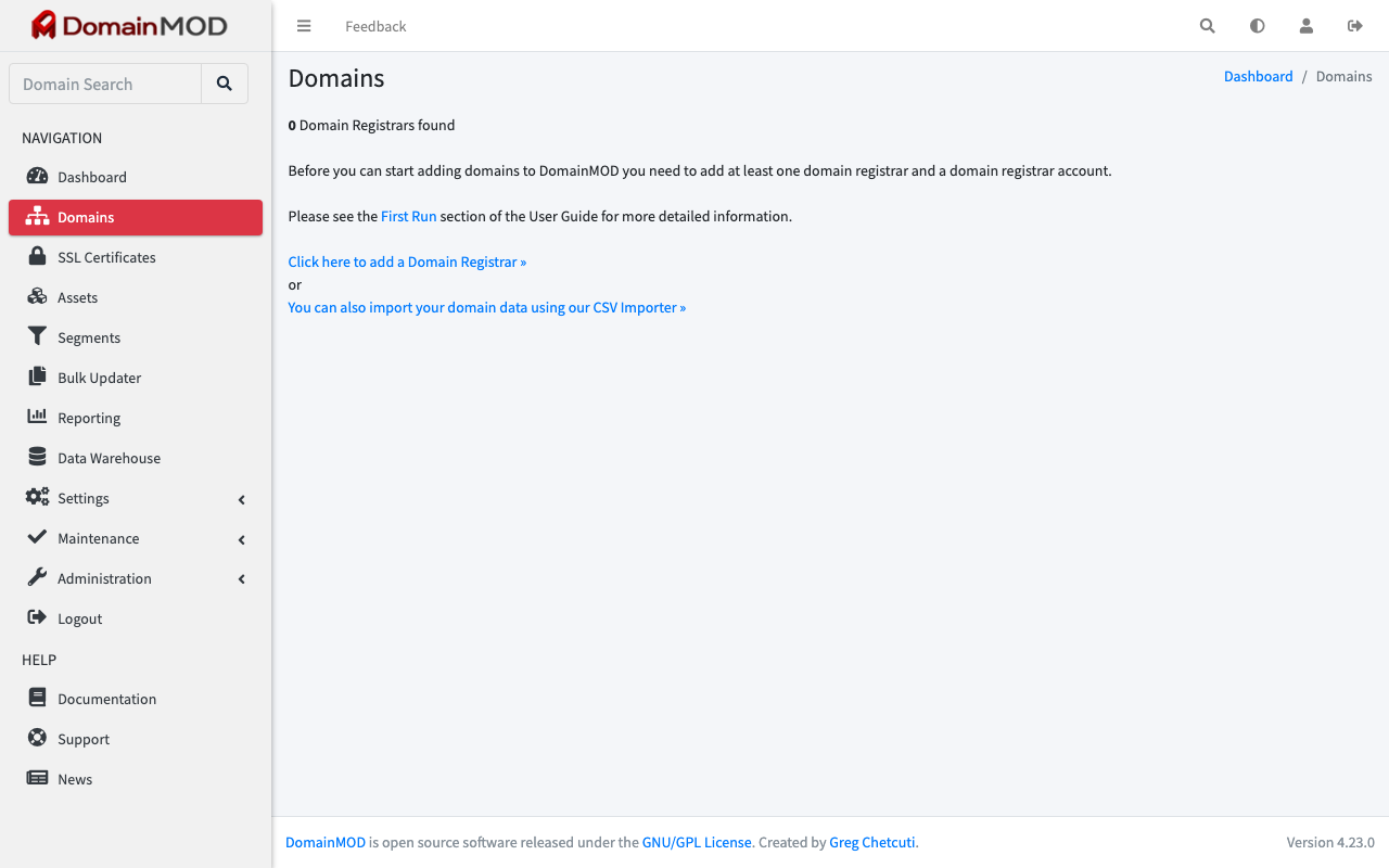 The DomainMOD Domains page reporting 0 domain registrars found, with the links to add a domain registrar or to import domain data with the CSV importer