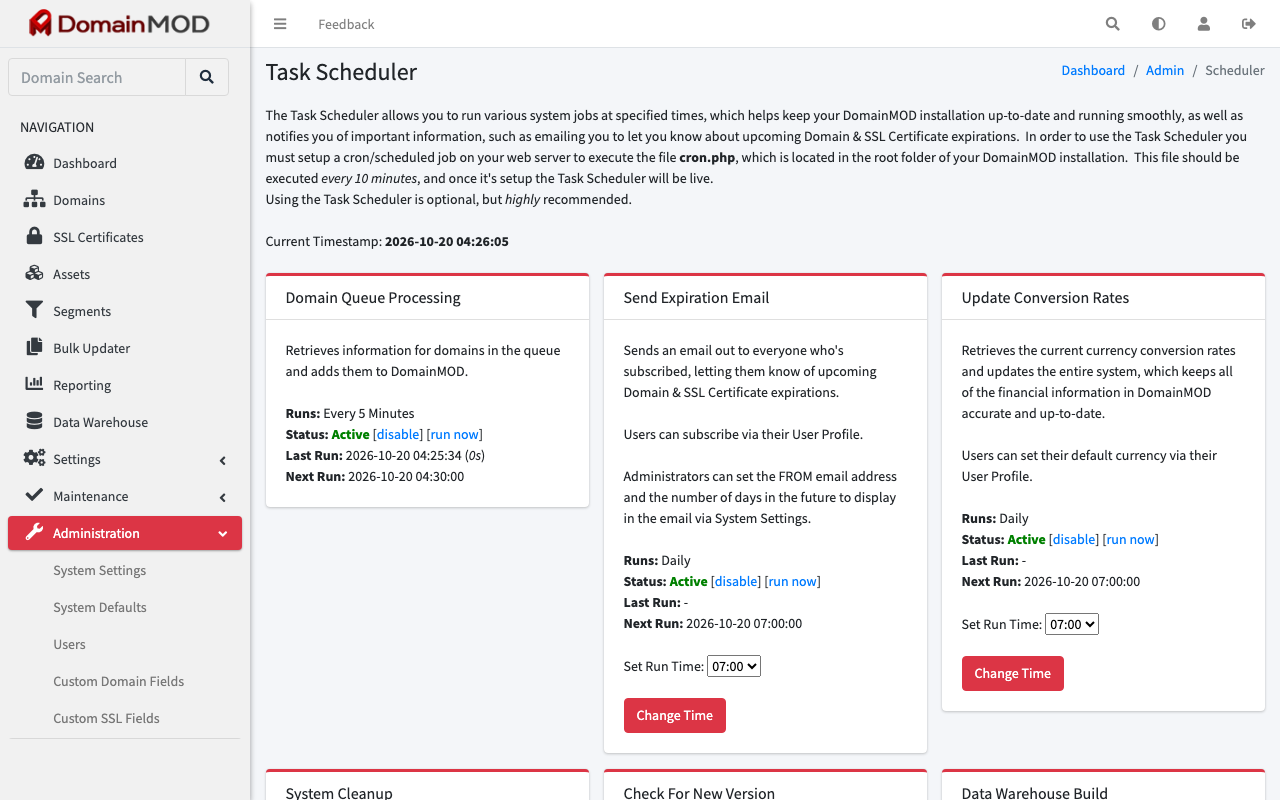The DomainMOD Task Scheduler page listing Domain Queue Processing, Send Expiration Email and Update Conversion Rates with their status, last run and next run times