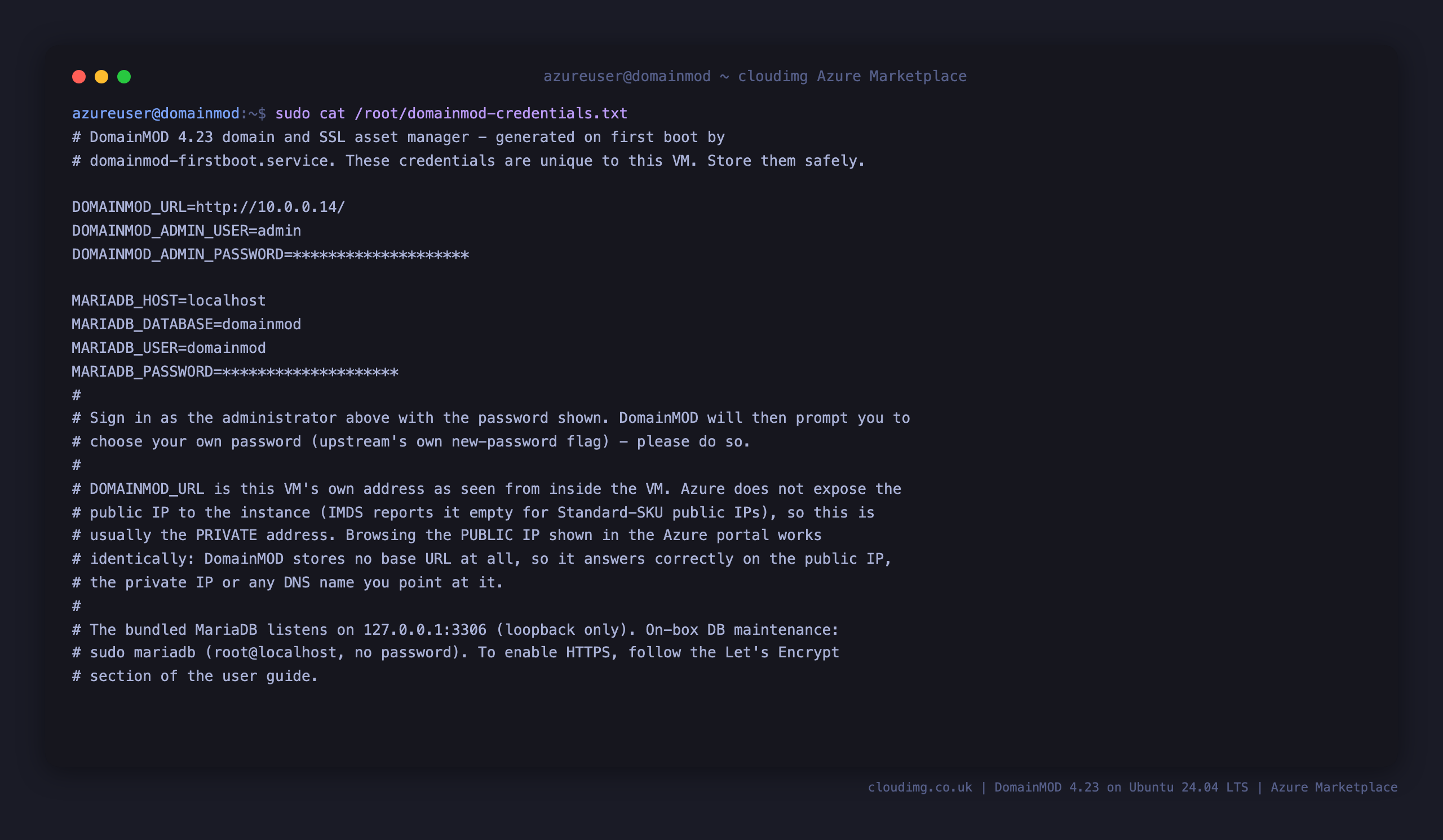 The per VM DomainMOD credentials file, showing the admin login user, the generated password masked, the application URL and the loopback MariaDB details