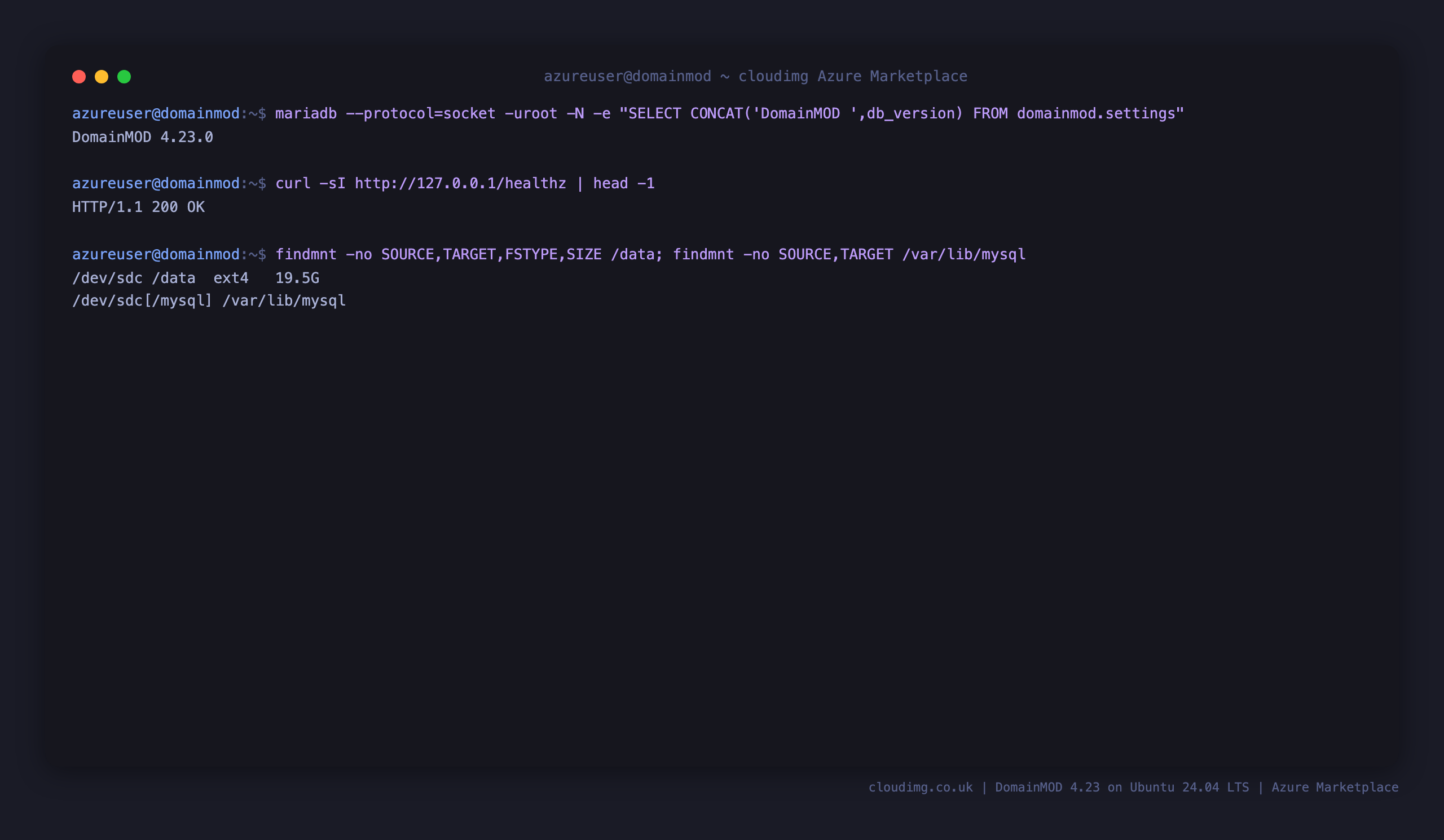 The installed DomainMOD version, the healthz endpoint returning 200, and the ext4 data disk mounted at /data and bind mounted onto the MariaDB data directory