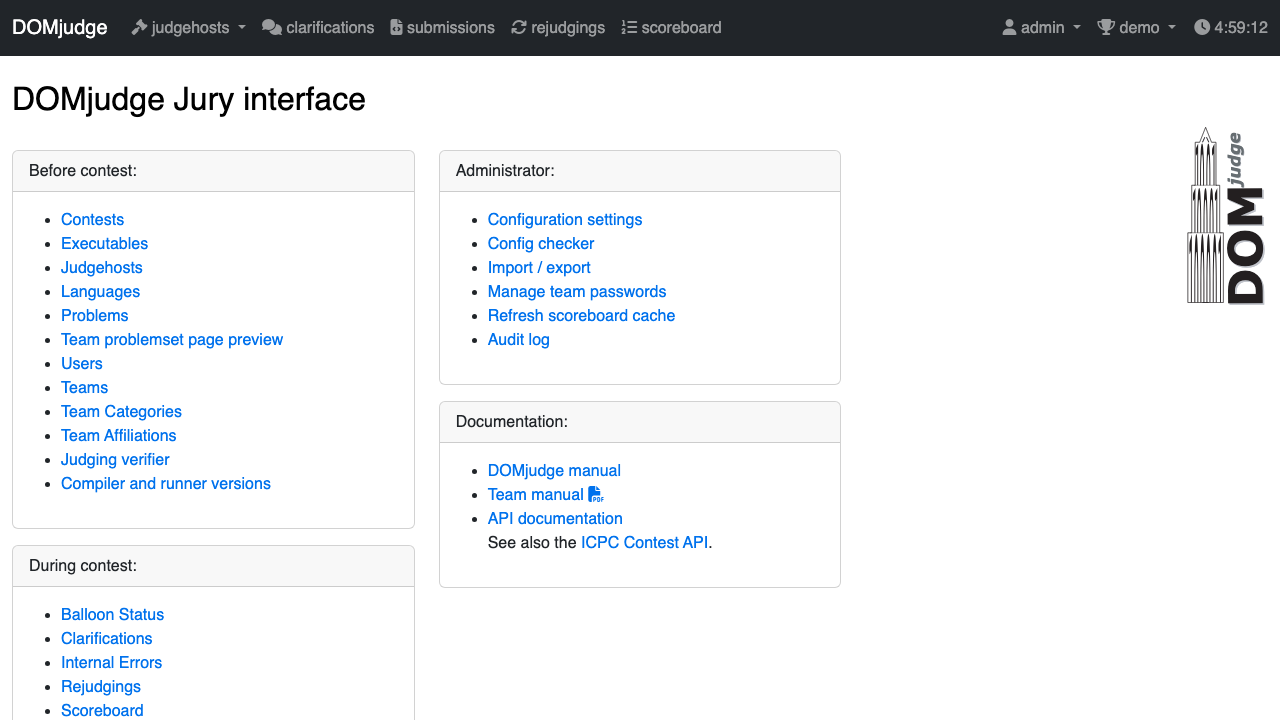 The DOMjudge jury interface home page