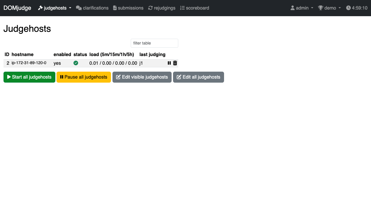 The Judgehosts page showing the local judgehost enabled with a green status