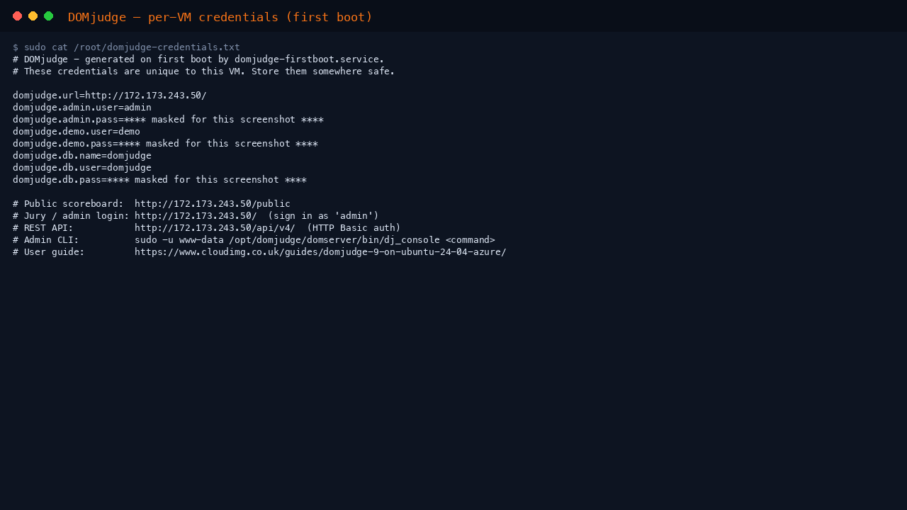 Per-VM DOMjudge credentials generated at first boot