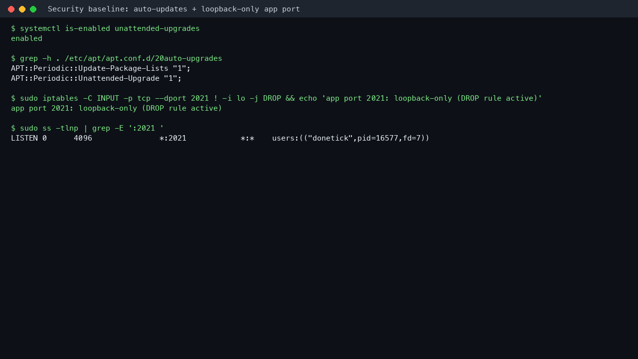 Security baseline — automatic updates and loopback-only app port