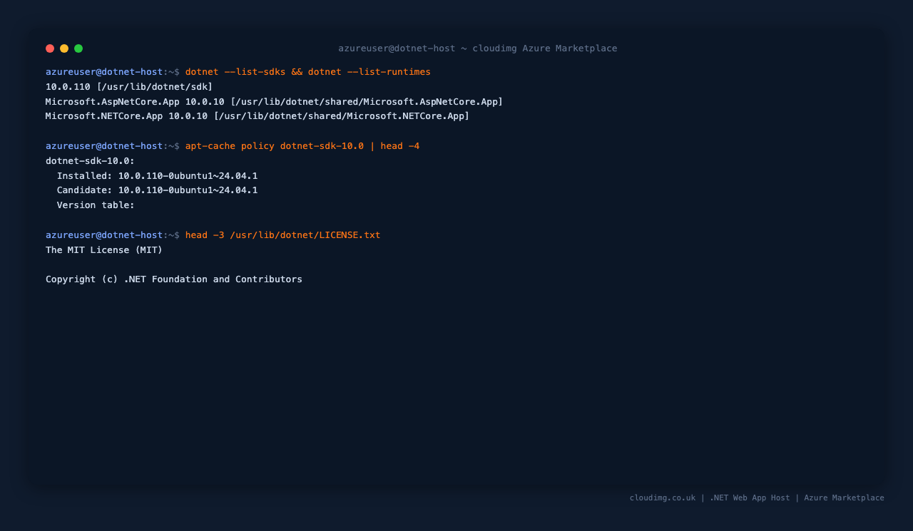 The installed SDK and runtimes, the Ubuntu archive origin of the packages, and the MIT licence that ships with the binaries
