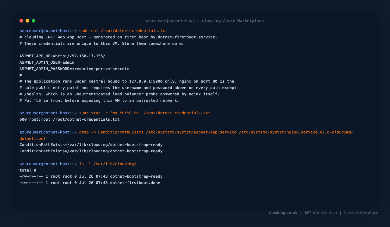Retrieving the per-VM credentials, the file permissions, and the first-boot gate the services wait on