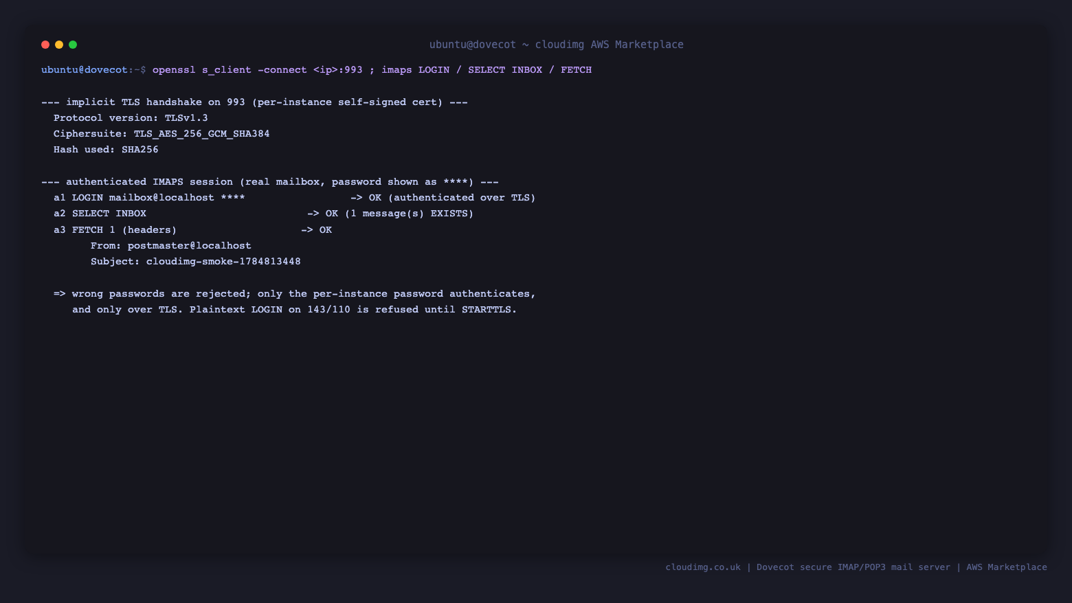 An authenticated IMAPS session over implicit TLS on port 993 with the per instance self signed certificate: the TLS handshake, then a LOGIN with the password shown redacted, SELECT INBOX showing a real message, and a FETCH of the message headers