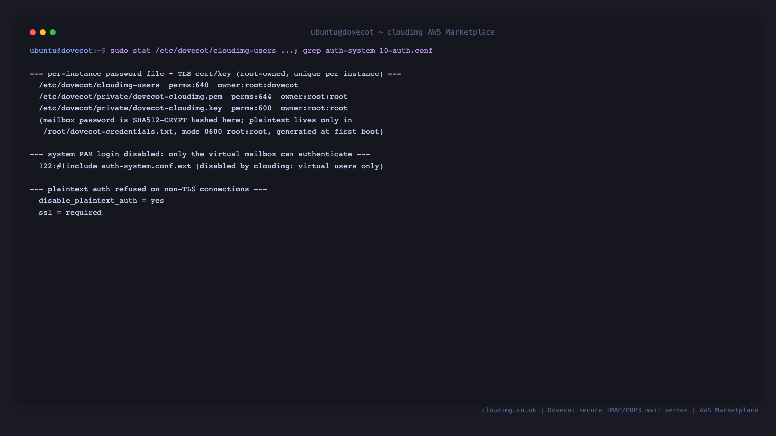 The hardened Dovecot configuration: the per instance password file and self signed TLS certificate and key with their root only permissions, the system PAM passdb disabled so only the virtual mailbox can authenticate, and disable_plaintext_auth set to yes with ssl required