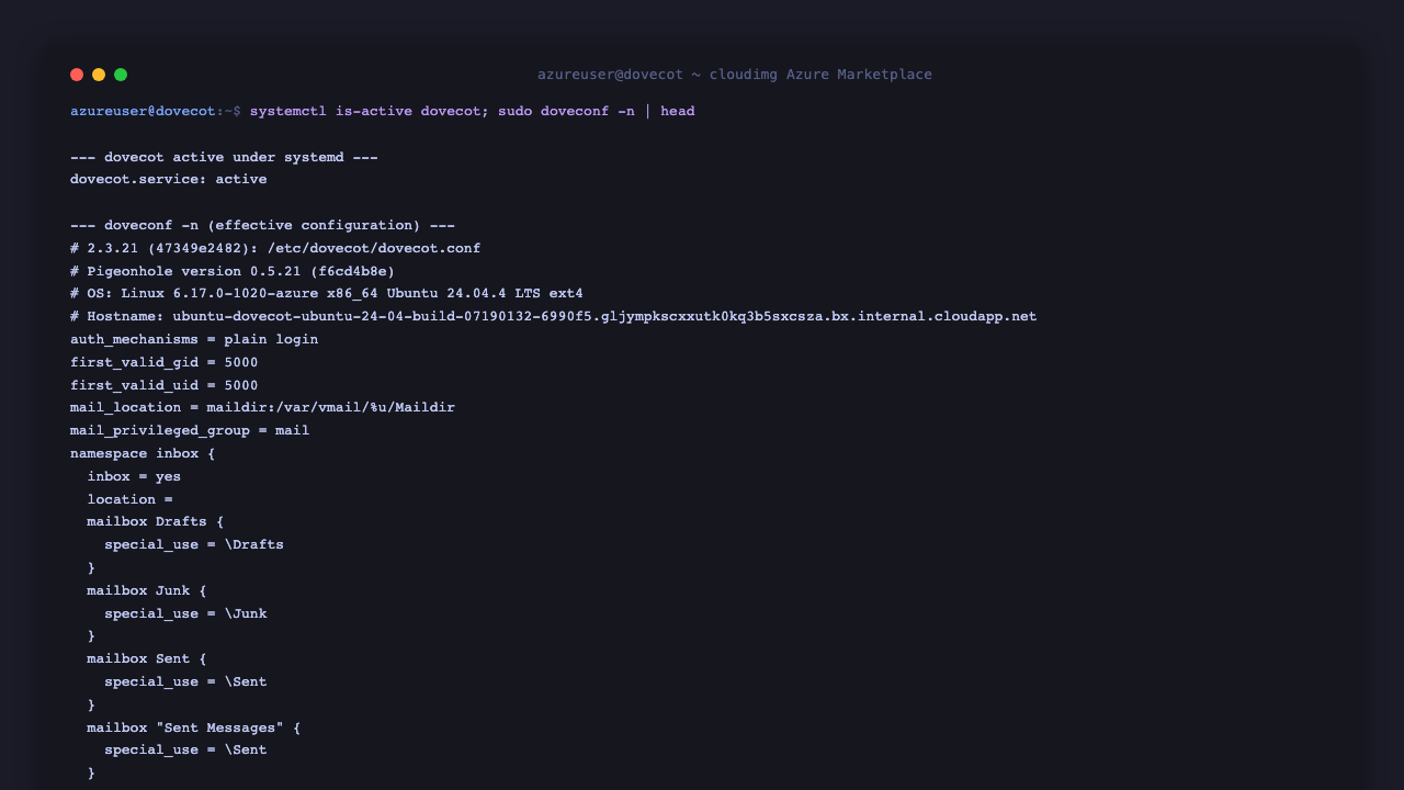Dovecot running under systemd with the dovecot service active, and doveconf reporting the effective configuration including the imap, pop3 and lmtp protocols and Maildir storage