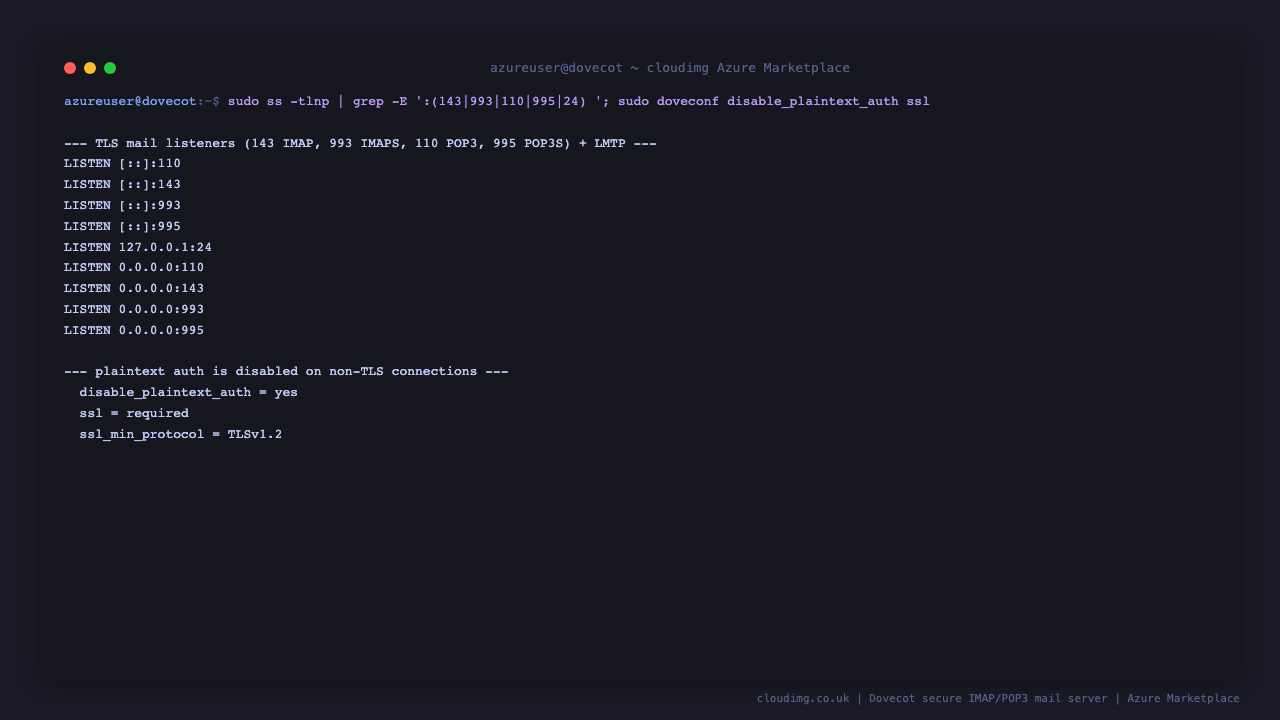 The Dovecot TLS mail listeners bound on ports 143, 993, 110 and 995 plus the LMTP loopback listener on 127.0.0.1 port 24, and doveconf confirming disable_plaintext_auth is yes and ssl is required