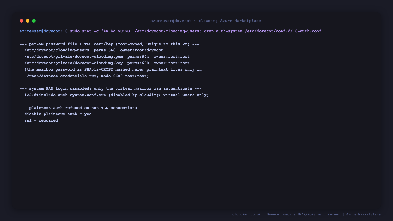 The hardened Dovecot configuration: the per instance password file and self signed TLS certificate and key with their root only permissions, the system PAM passdb disabled so only the virtual mailbox can authenticate, and disable_plaintext_auth set to yes with ssl required