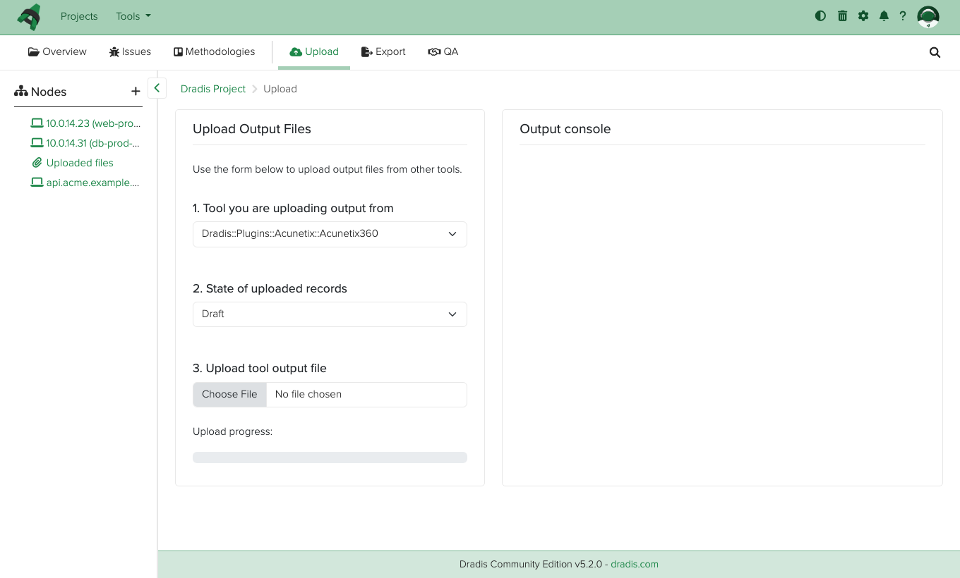 Dradis Upload Output Files view - choose the source tool, the state for uploaded records and the tool output file to import