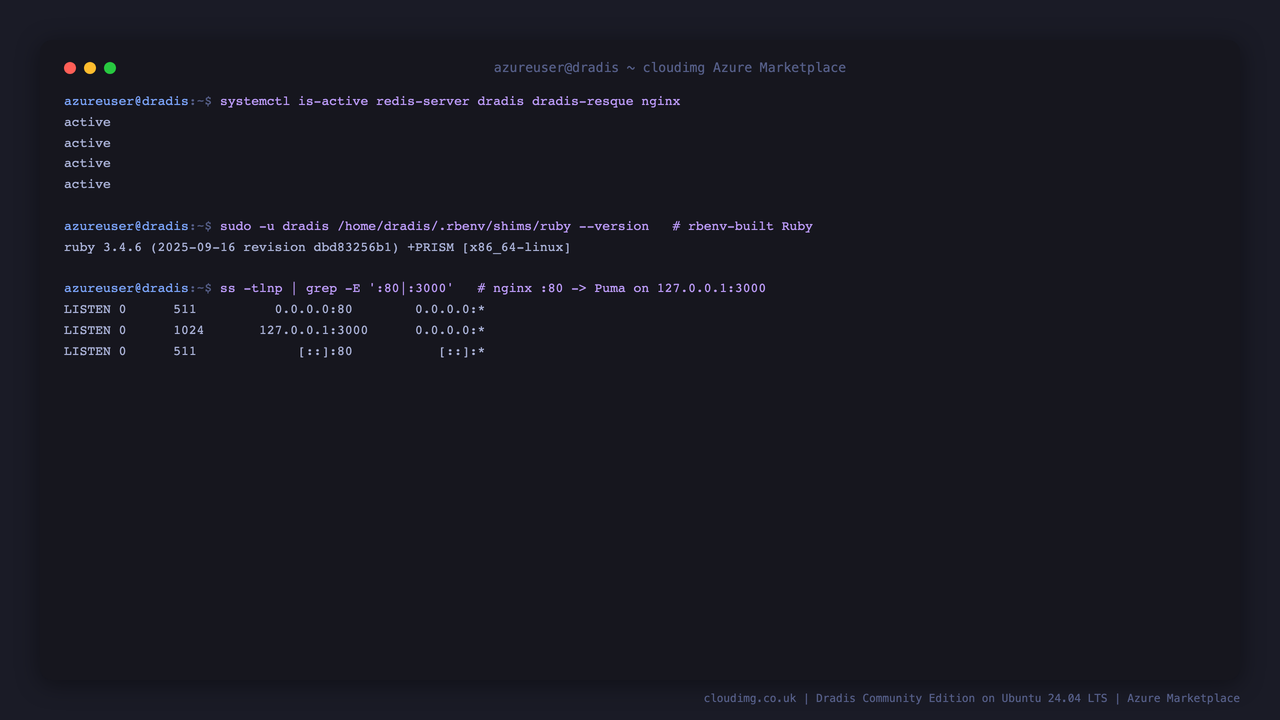 Dradis services active — Redis, Puma app server, Resque worker and nginx, with the rbenv-built Ruby 3.4.6 runtime and the nginx to Puma listener chain
