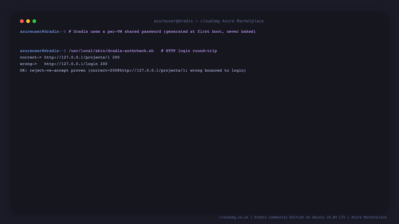 Dradis credential round-trip — the correct per-VM shared password authenticates to the project view while a wrong password is rejected to the login page