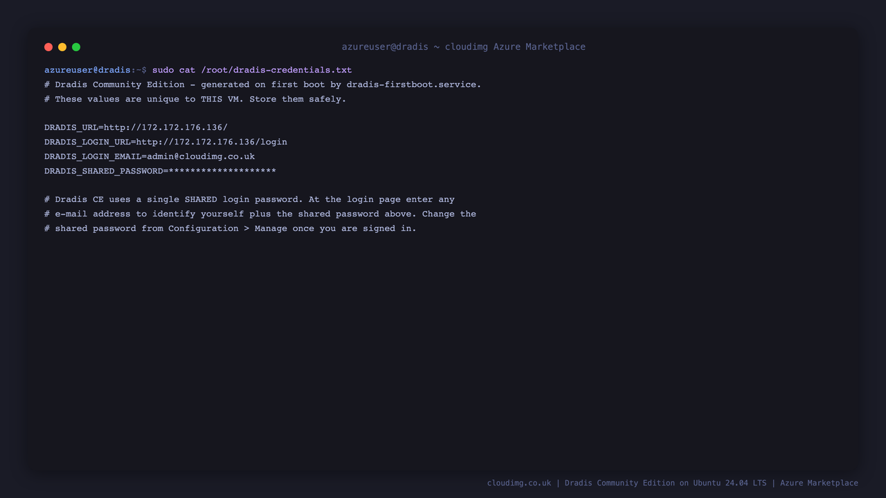The per-VM Dradis credentials file — shared login password (masked) and the resolved public URL, mode 0600 root:root