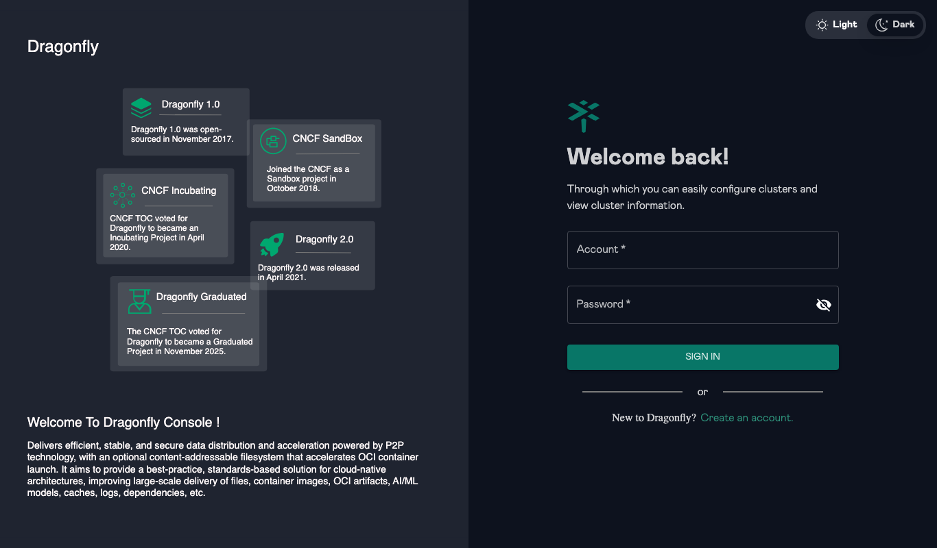 The Dragonfly console sign in page, served over HTTPS
