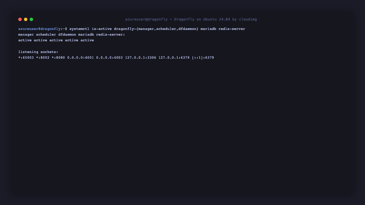 Terminal showing the Dragonfly manager, scheduler, dfdaemon, MariaDB and Redis services all active, with the manager, scheduler and dfdaemon ports listening and the database and cache bound to loopback.