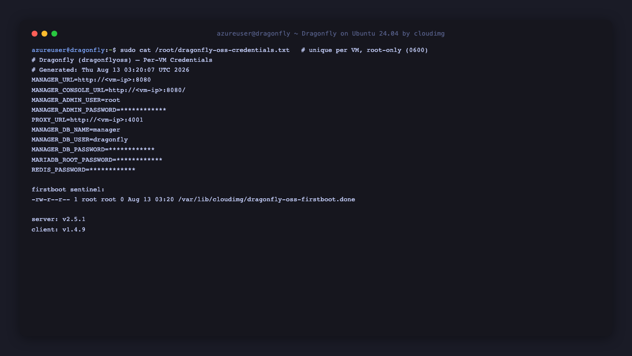 Terminal showing the per VM Dragonfly credentials file, readable only by root, listing the manager console URL, the unique root administrator password, the proxy URL and the database and Redis passwords, with the published default login proven to be rejected.