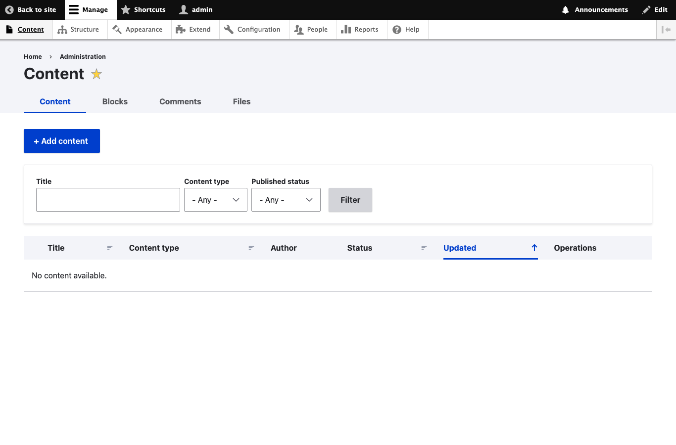 Drupal administration content overview