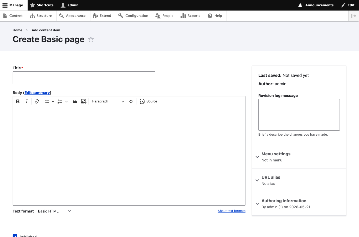 Drupal content creation form