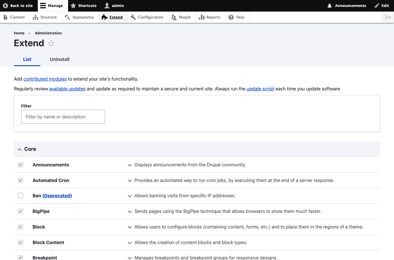 Drupal Extend page for installing modules