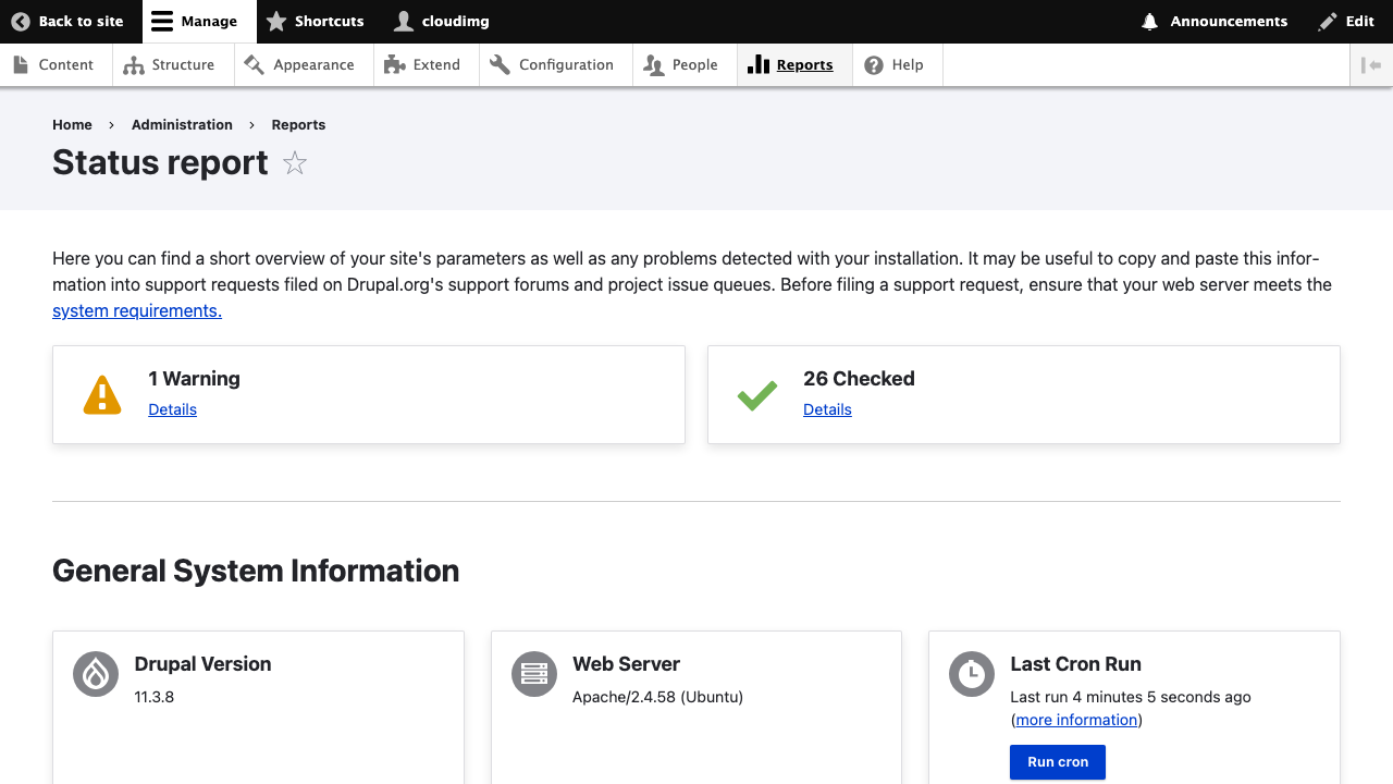 Drupal Status Report with green-tick health checks for the cloudimg-built site