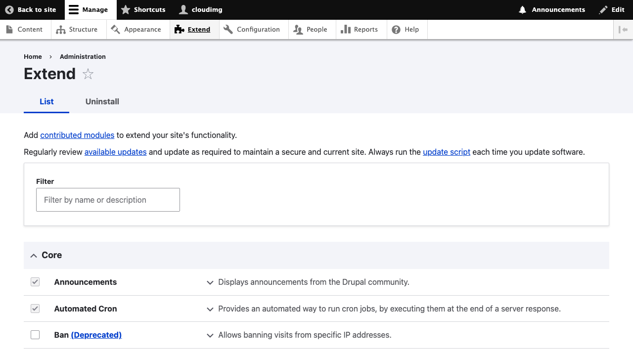 Drupal 11 modules page — bundled core modules with enable/disable controls