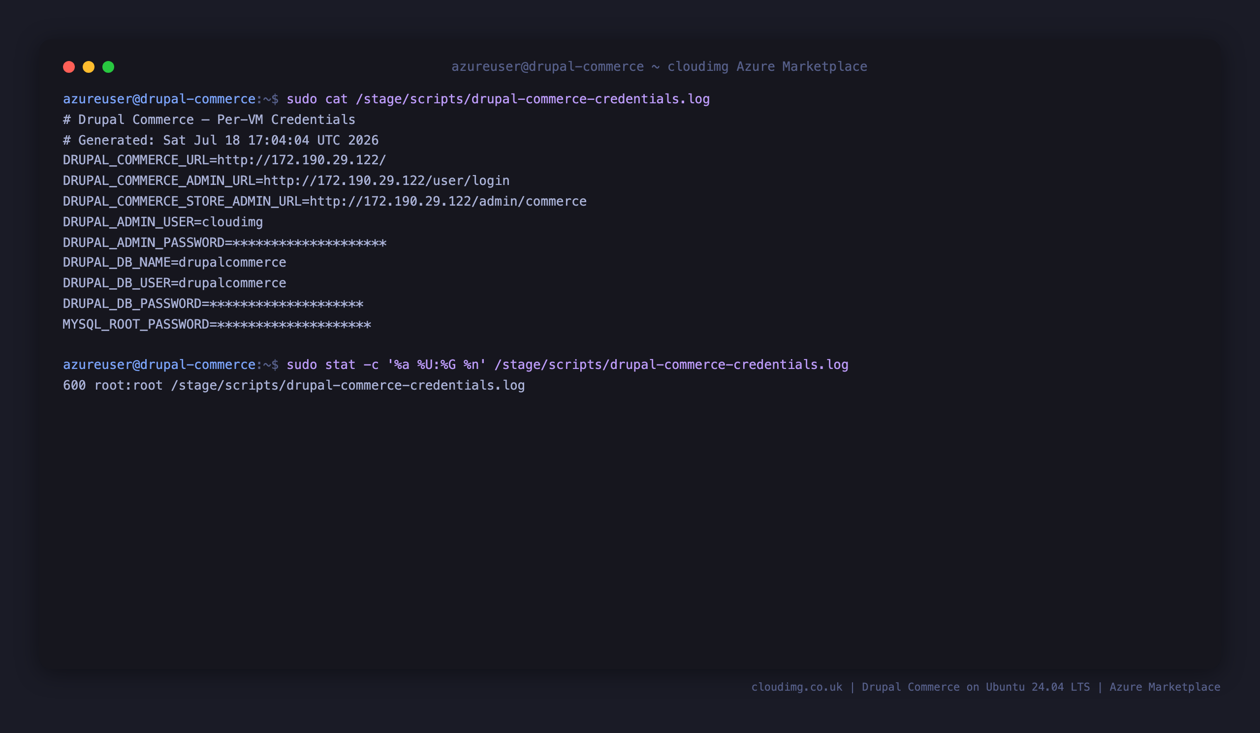 Per-VM credentials, masked, and the root-only file mode