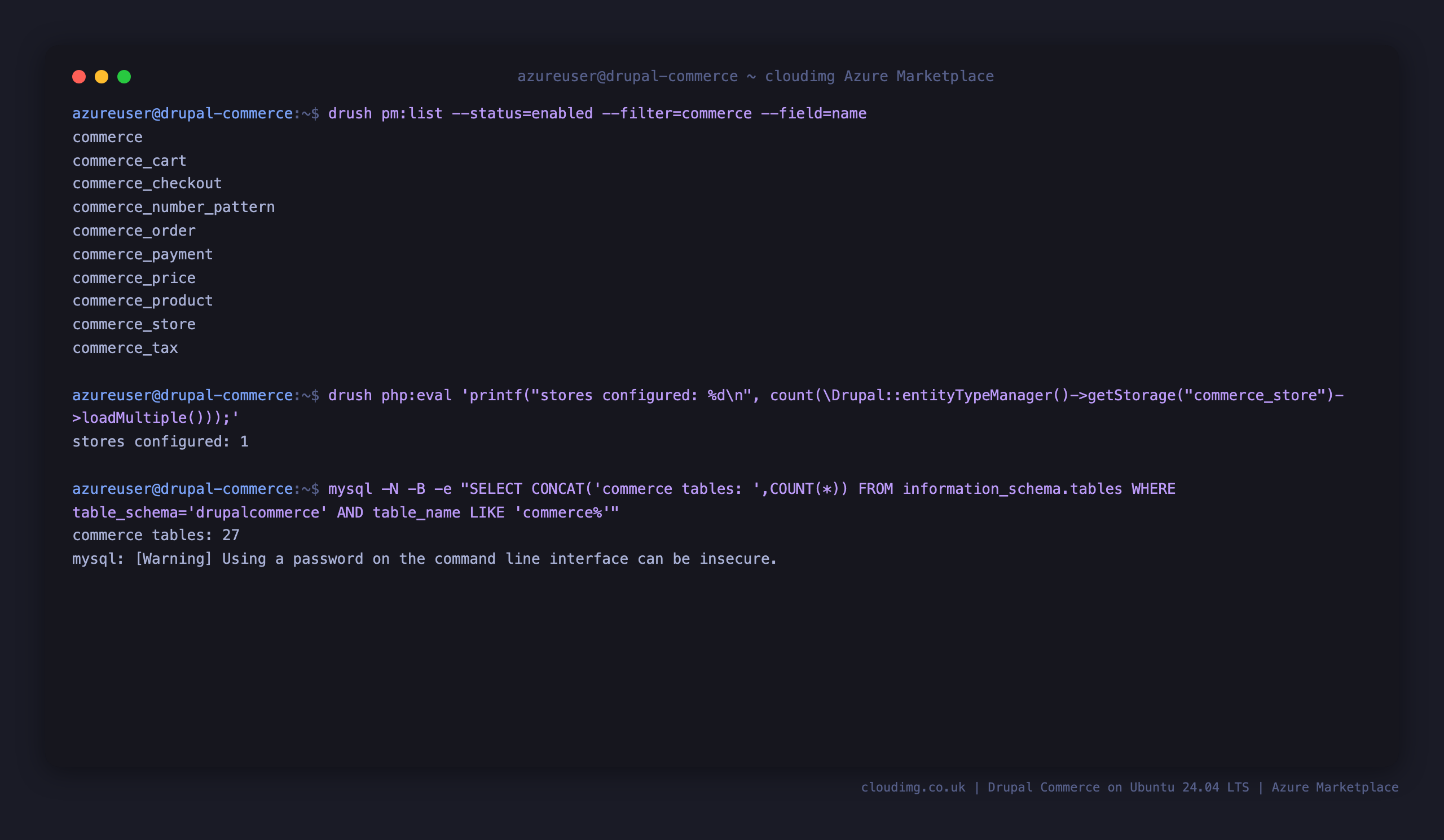 Enabled Commerce modules, the first-boot store and the Commerce schema