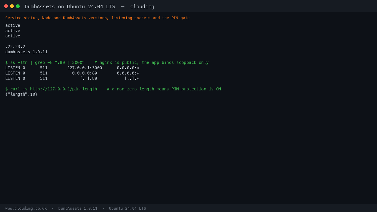 DumbAssets, nginx and the first boot unit active, with nginx on port 80 and the DumbAssets application listening only on loopback 3000