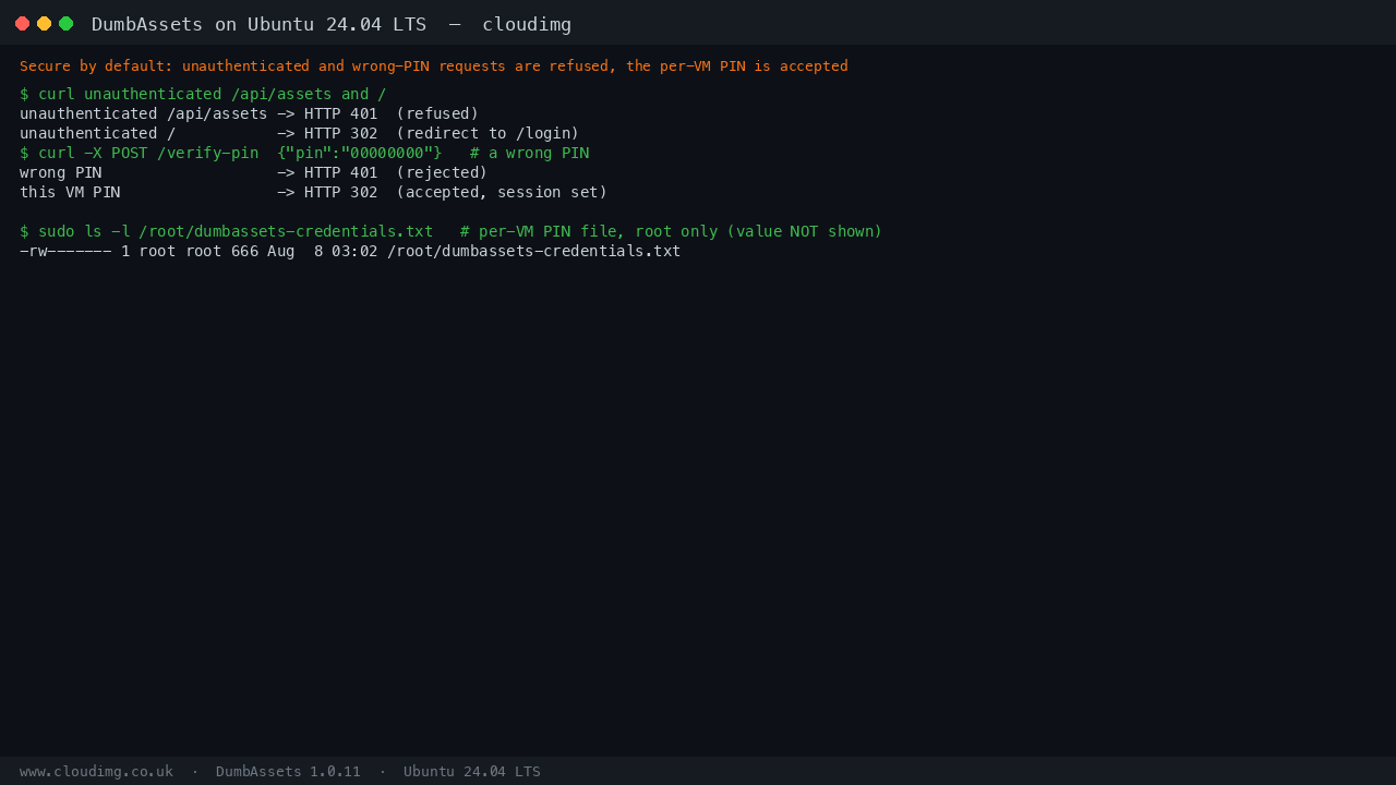 Unauthenticated requests refused with 401 and 302, a wrong PIN rejected with 401, this VM PIN accepted, and the root only credentials file shown with 0600 permissions