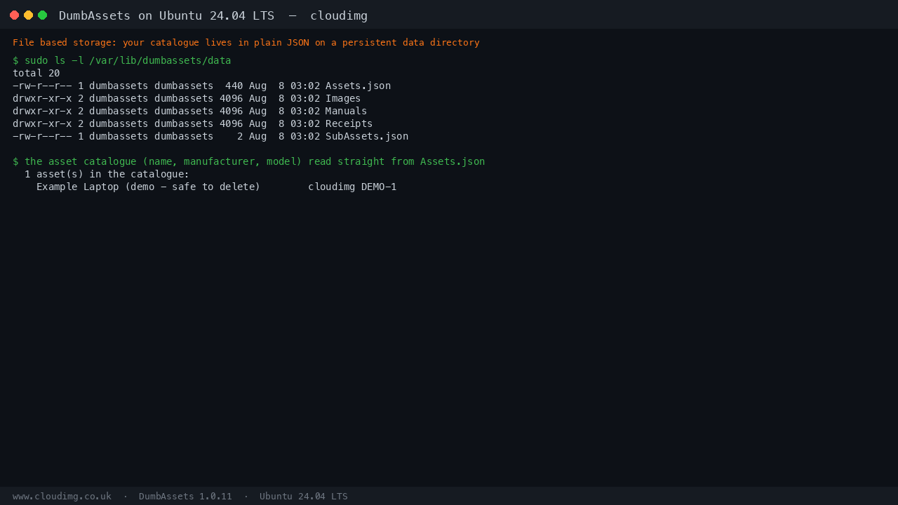 The DumbAssets data directory and the single demonstration asset read straight from Assets.json