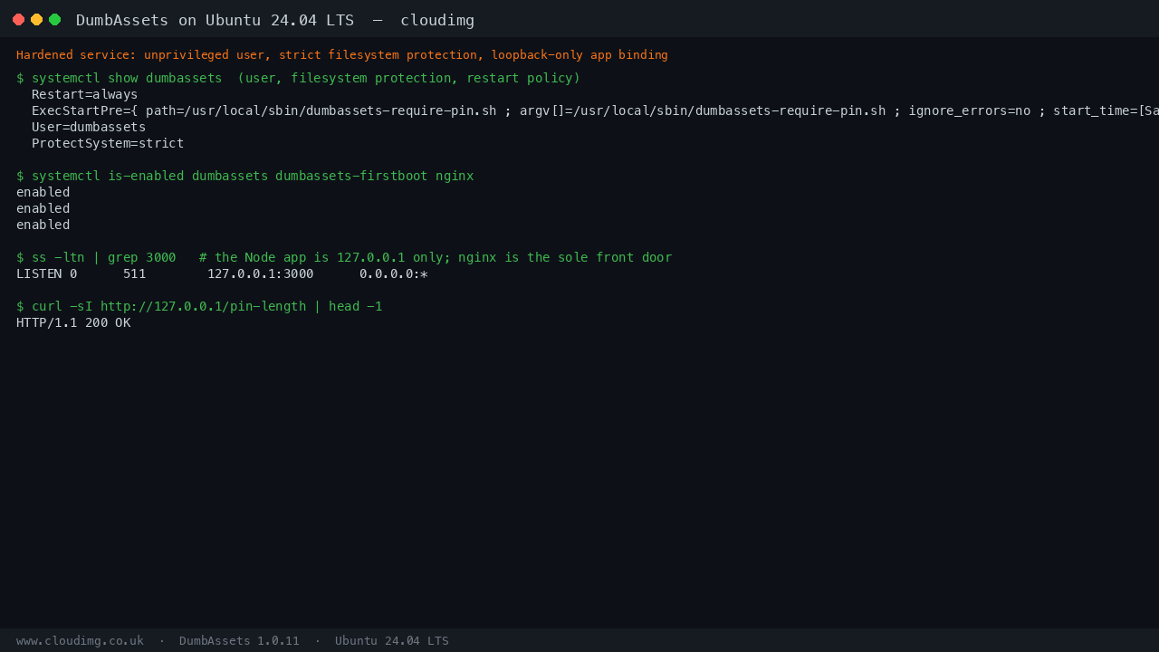 The hardened DumbAssets unit running as an unprivileged user with strict filesystem protection, all units enabled, and the application bound to loopback only
