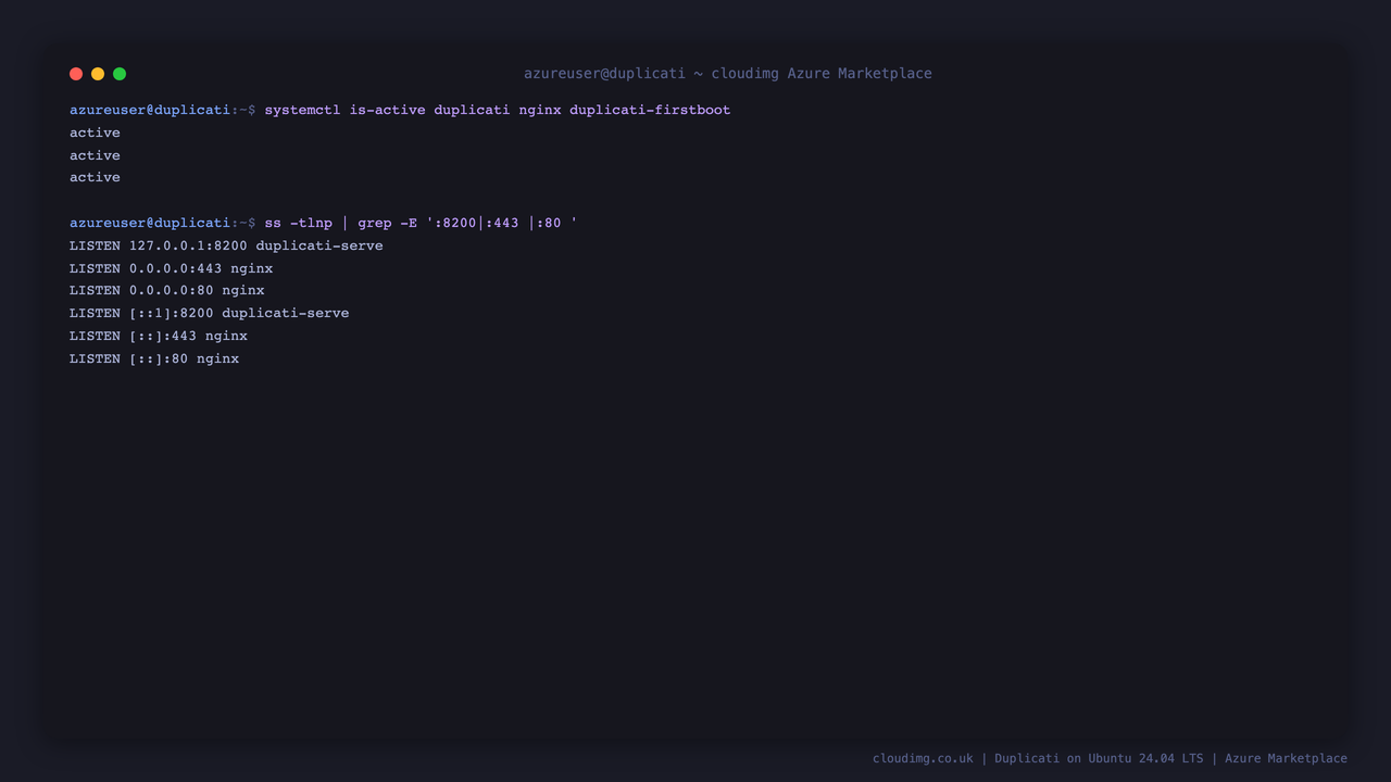 The duplicati, nginx and duplicati-firstboot services reported active, and the listening sockets showing the Duplicati server bound only to loopback 127.0.0.1:8200 with nginx on ports 443 and 80