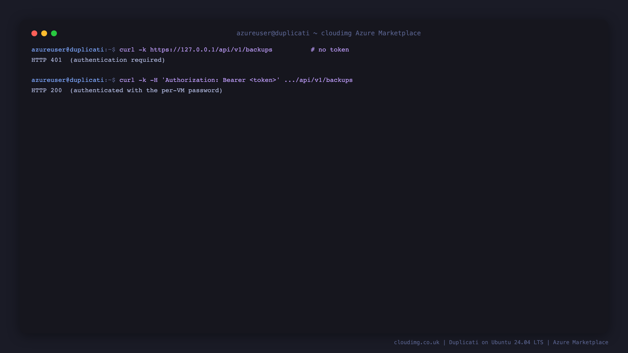 The Duplicati REST API returning HTTP 401 with no token and HTTP 200 once authenticated with the per-VM password