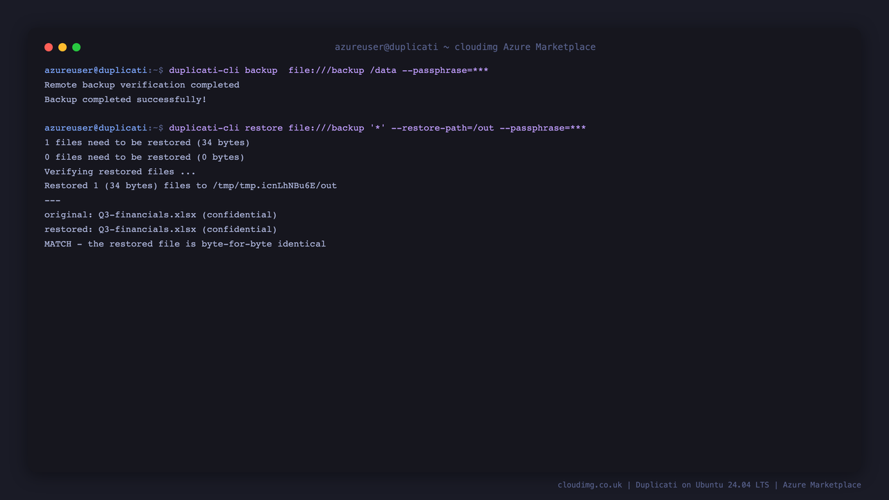 duplicati-cli backing a file up to a local destination reporting Backup completed successfully, then restoring it and confirming the restored file is byte for byte identical to the original