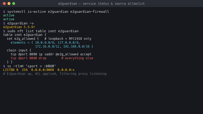 E2guardian running under systemd with its nftables source allowlist applied and the filtering proxy listening on port 8080