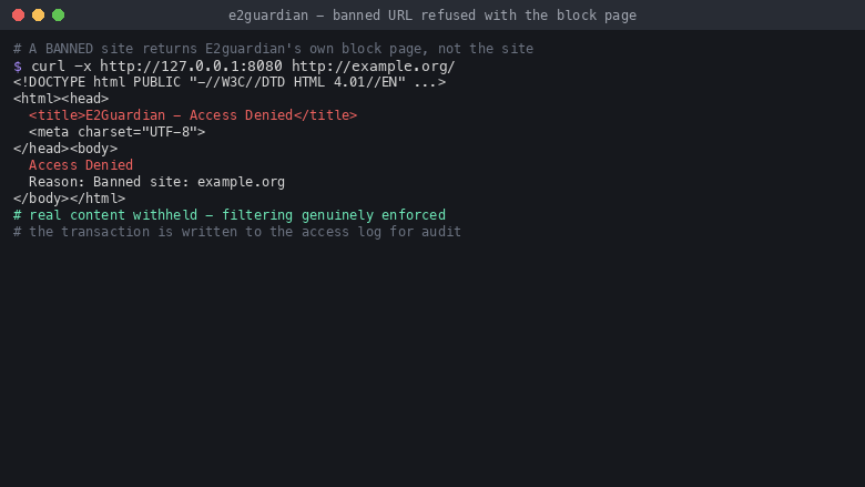 A banned site is refused with the E2guardian Access Denied block page