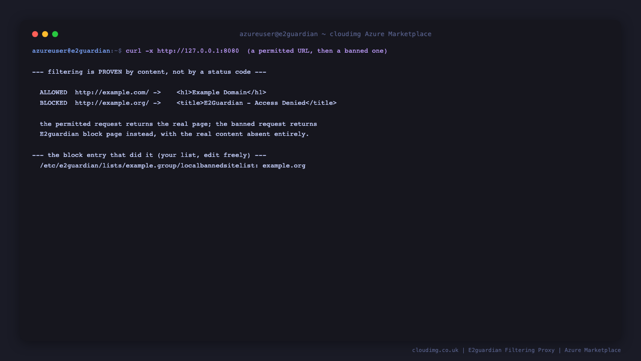 Terminal showing a permitted URL returning the real page heading through the proxy while a banned URL returns the E2Guardian Access Denied block page instead, proving content filtering is genuinely enforced