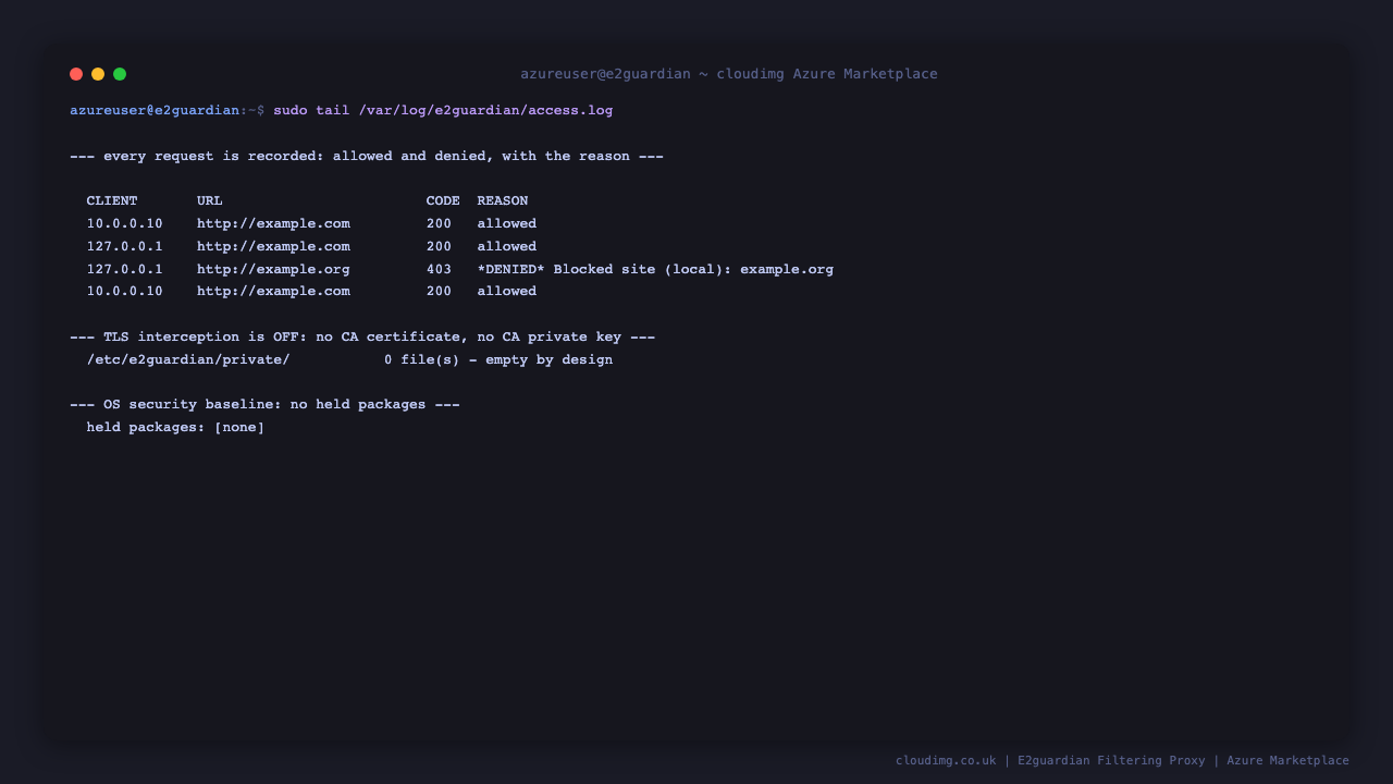 Terminal showing the E2guardian access log with an allowed request recorded alongside a denied request carrying the DENIED reason and the list that matched