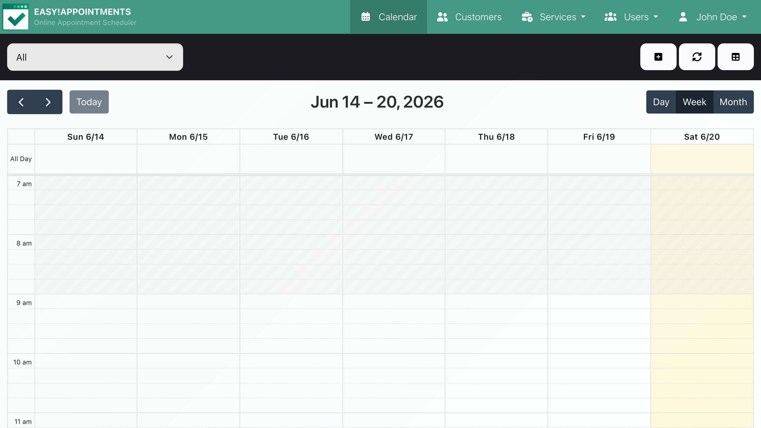 The Easy!Appointments admin calendar after signing in