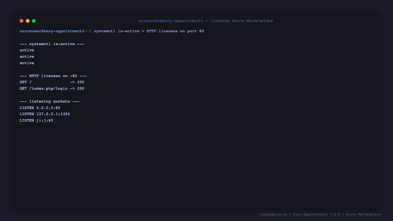 Service status and HTTP liveness on port 80