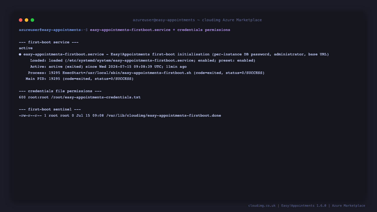 First-boot rotation and credential file permissions