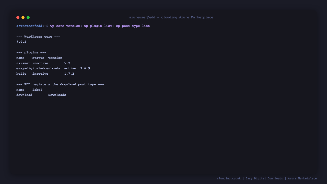 WordPress core 7.0.2 with easy digital downloads 3.6.9 reported as active, and the download post type registered