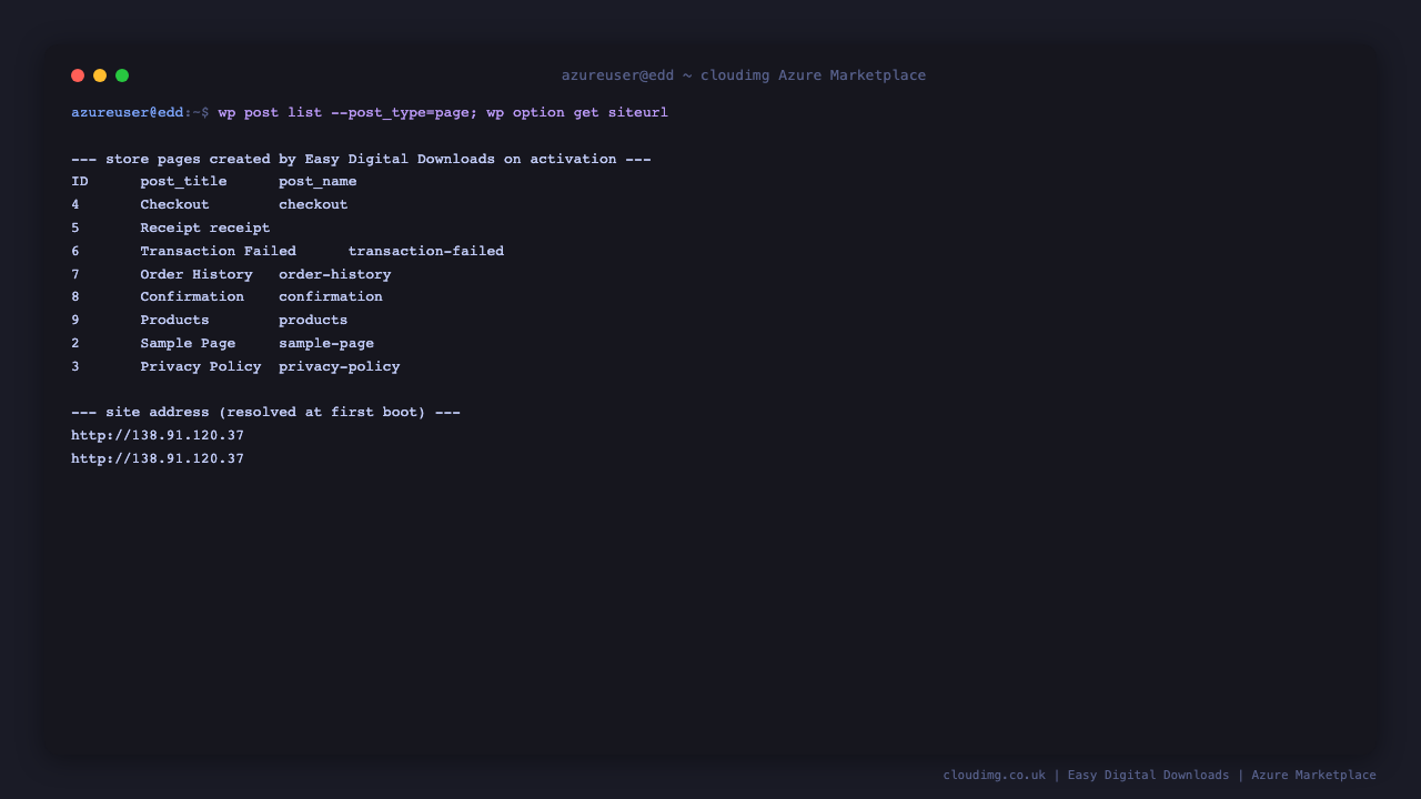 The store pages created on activation: Checkout, Receipt, Transaction Failed, Order History, Confirmation and Products