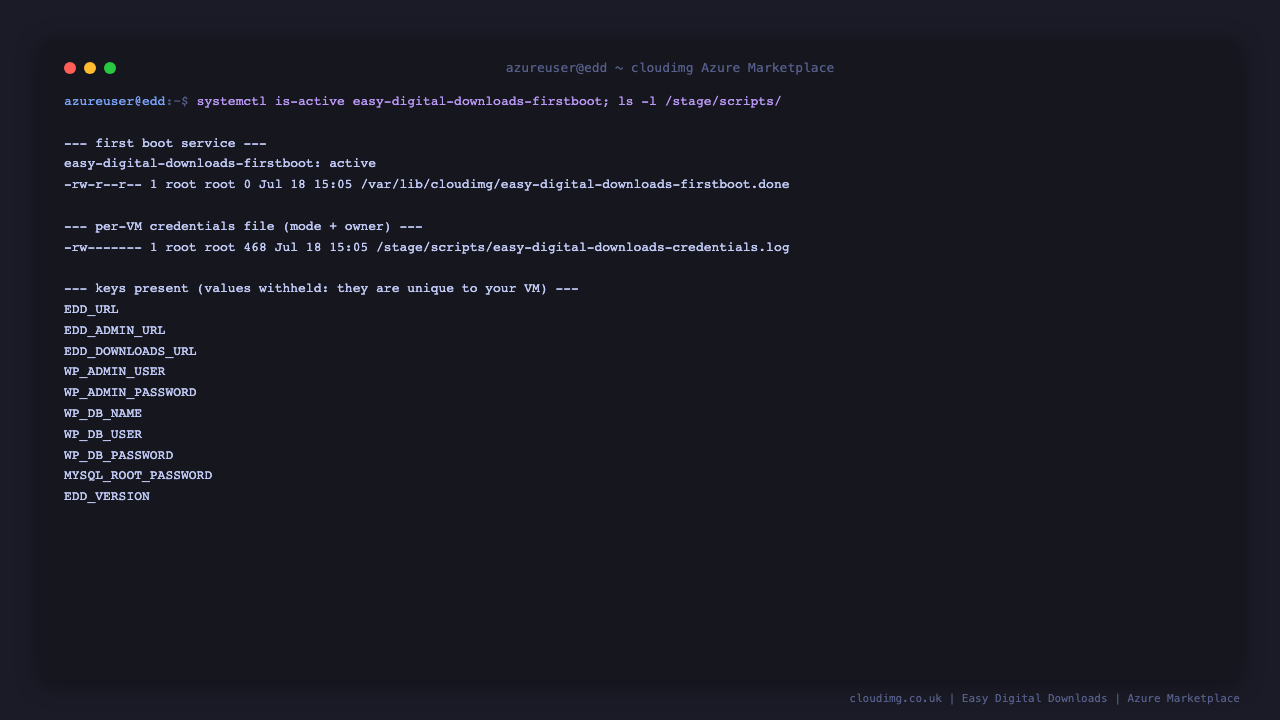 The first boot service reported active, the sentinel file present, and the credentials file owned by root with mode 0600