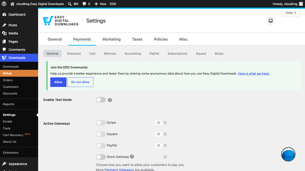 The Easy Digital Downloads settings screen, where store location, currency and payment gateways are configured