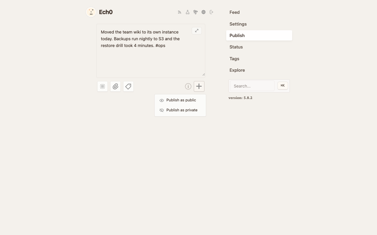 The Ech0 editor with a note typed in and the publish menu open, offering Publish as public and Publish as private