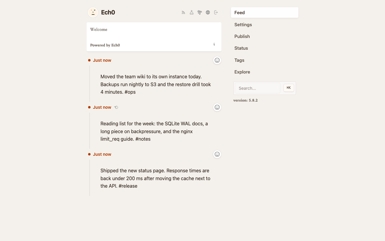 The Ech0 feed with three published notes, newest first