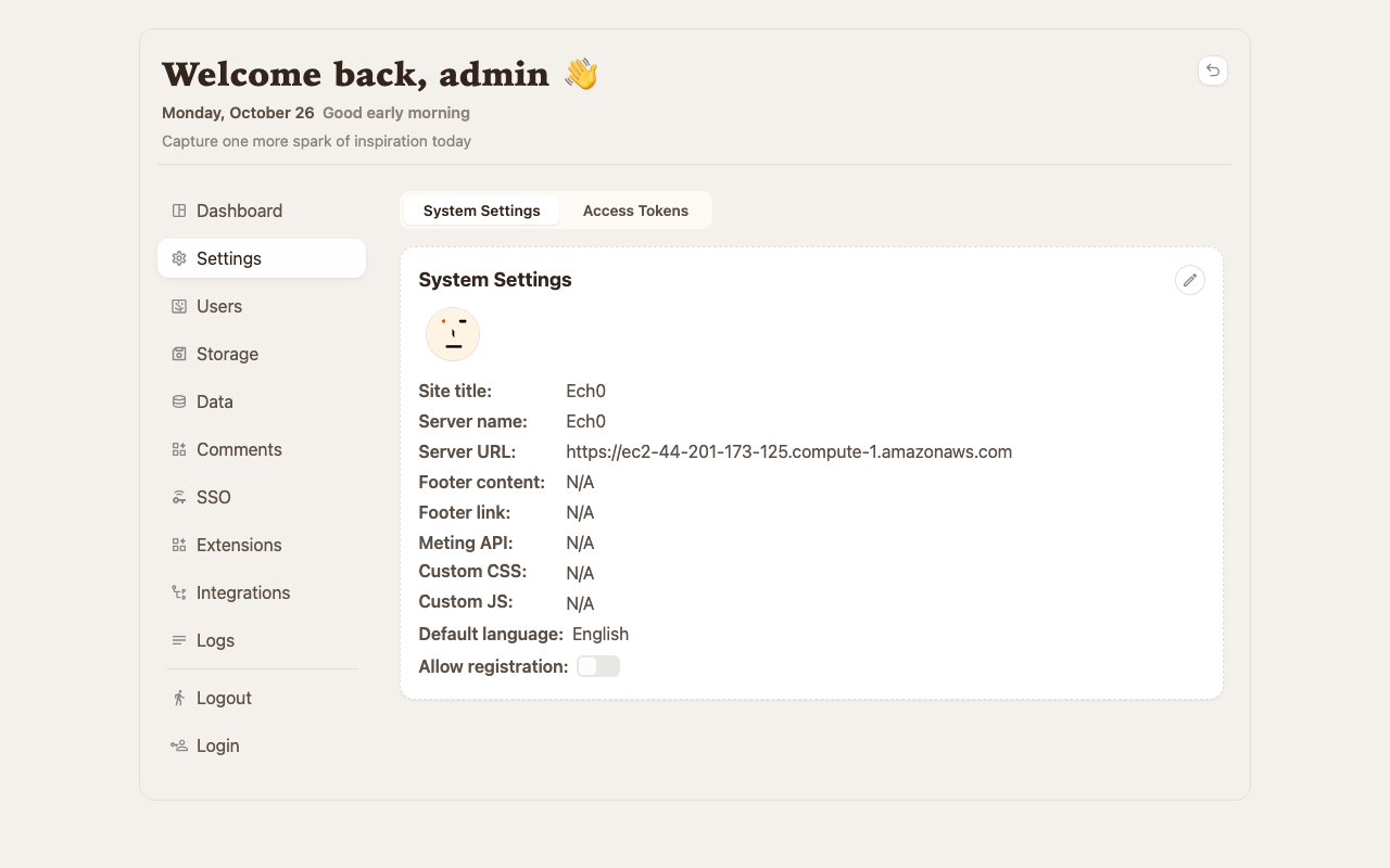 The Ech0 admin panel on System Settings, showing the server URL and Allow registration switched off